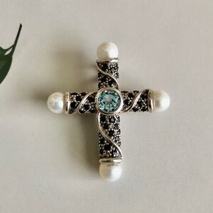 Genuine Gemstone 💎 SAPPHIRE & BLUE TOPAZ Cross Pendant w/Genuine Pearl